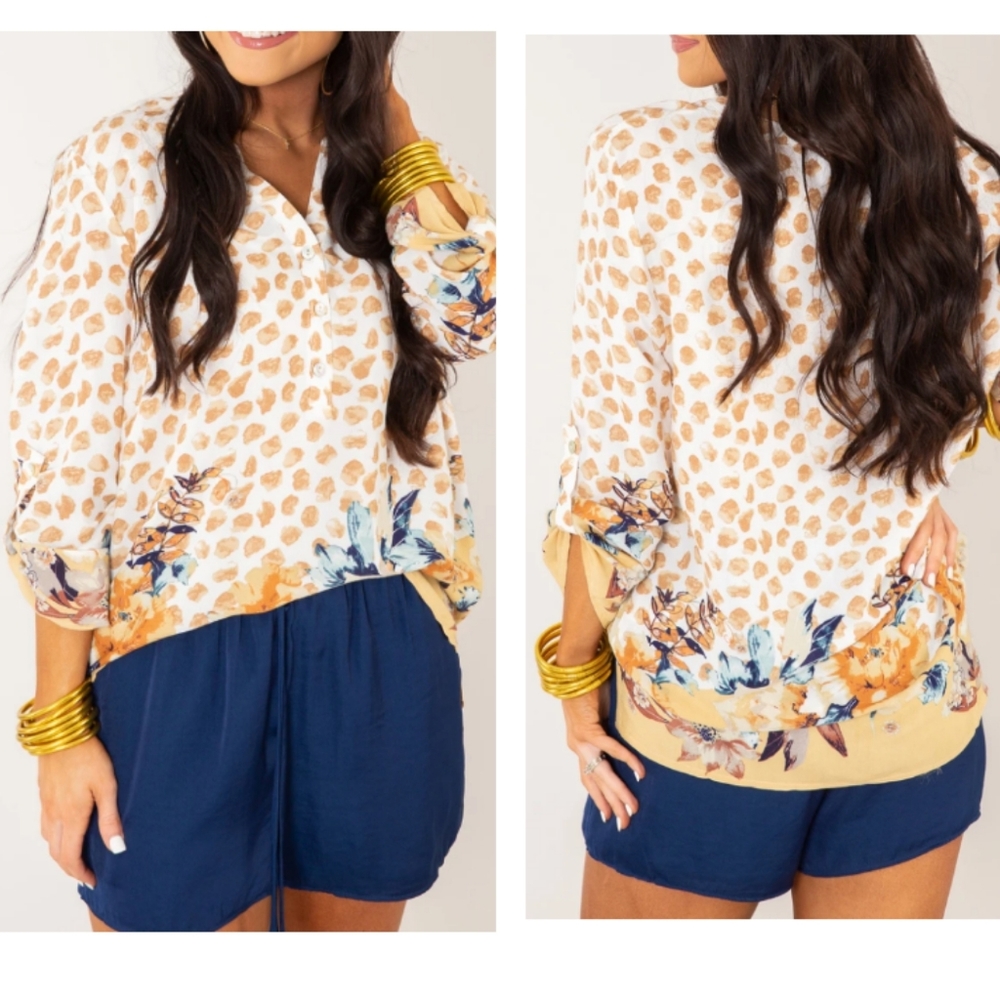 NEW w/tags Tribal Henley Roll Sleeve Floral Animal Print Blouse Top Sz Sm NWT